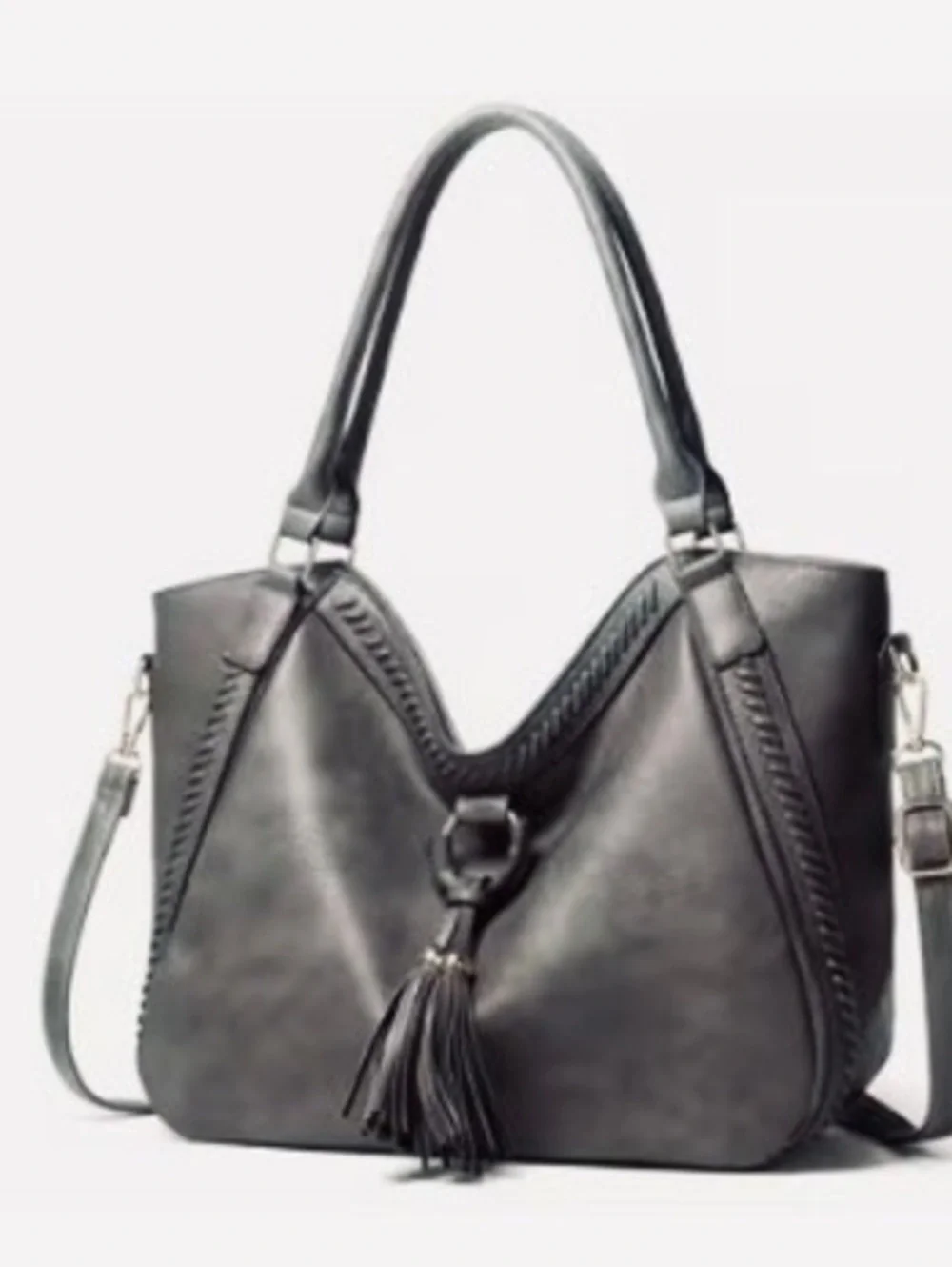 New -Faux Leather Shoulder Bag w/Tassel Details -Gray